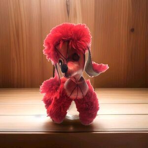 Herman Pecker Plush Poodle Red Leather Vinyl Stuffed w/fur 7 1/2”Dog - Japan Tag